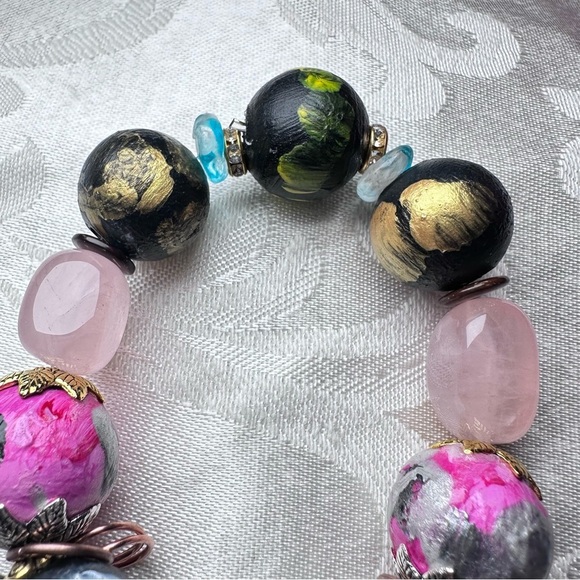 Hand Painted Wooden Beads Charms Crystal Handmade Bracelet OOAK Stackable 6-7 - Picture 6 of 11